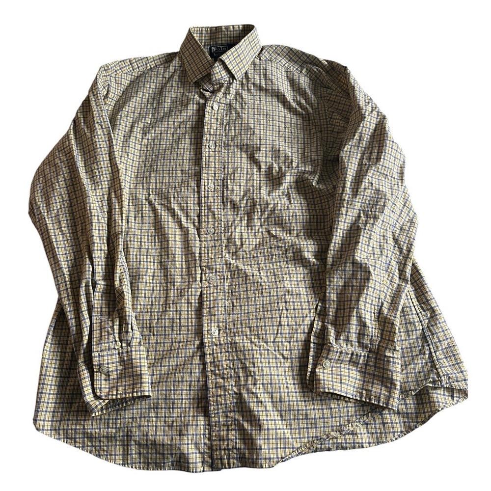 Polo Ralph Lauren Regent Custom Fit Shirt Mens 17 34/35 Yellow Blue Plaid Cotton